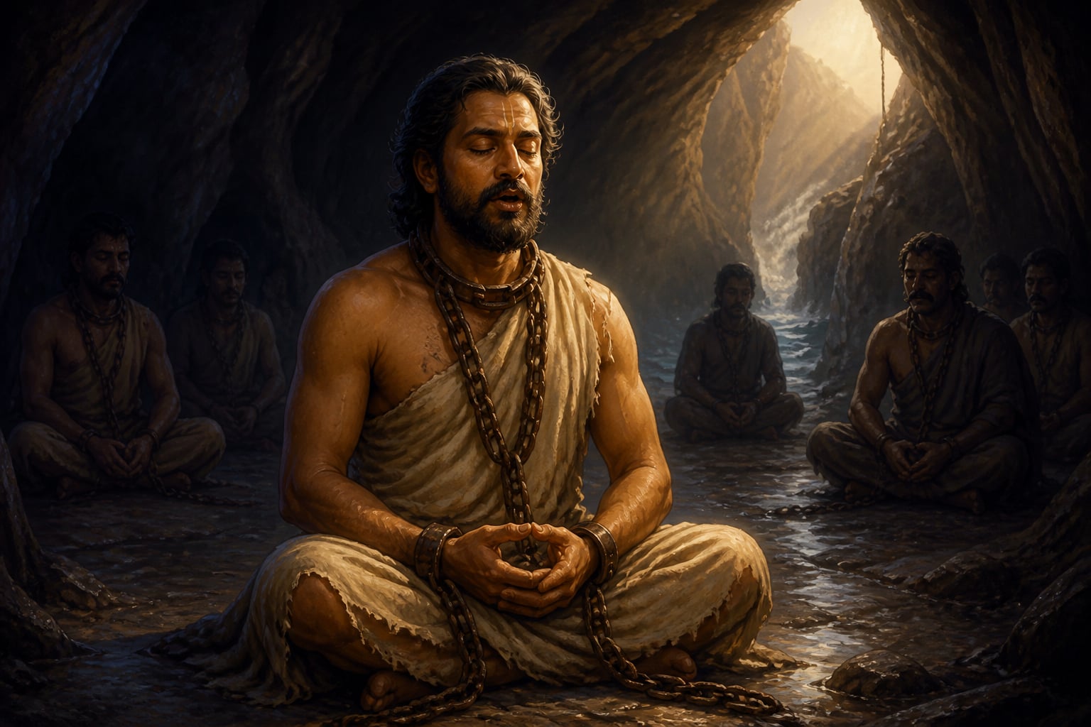 Supriya continuing his Panchakshari mantra in chains in the dark cave