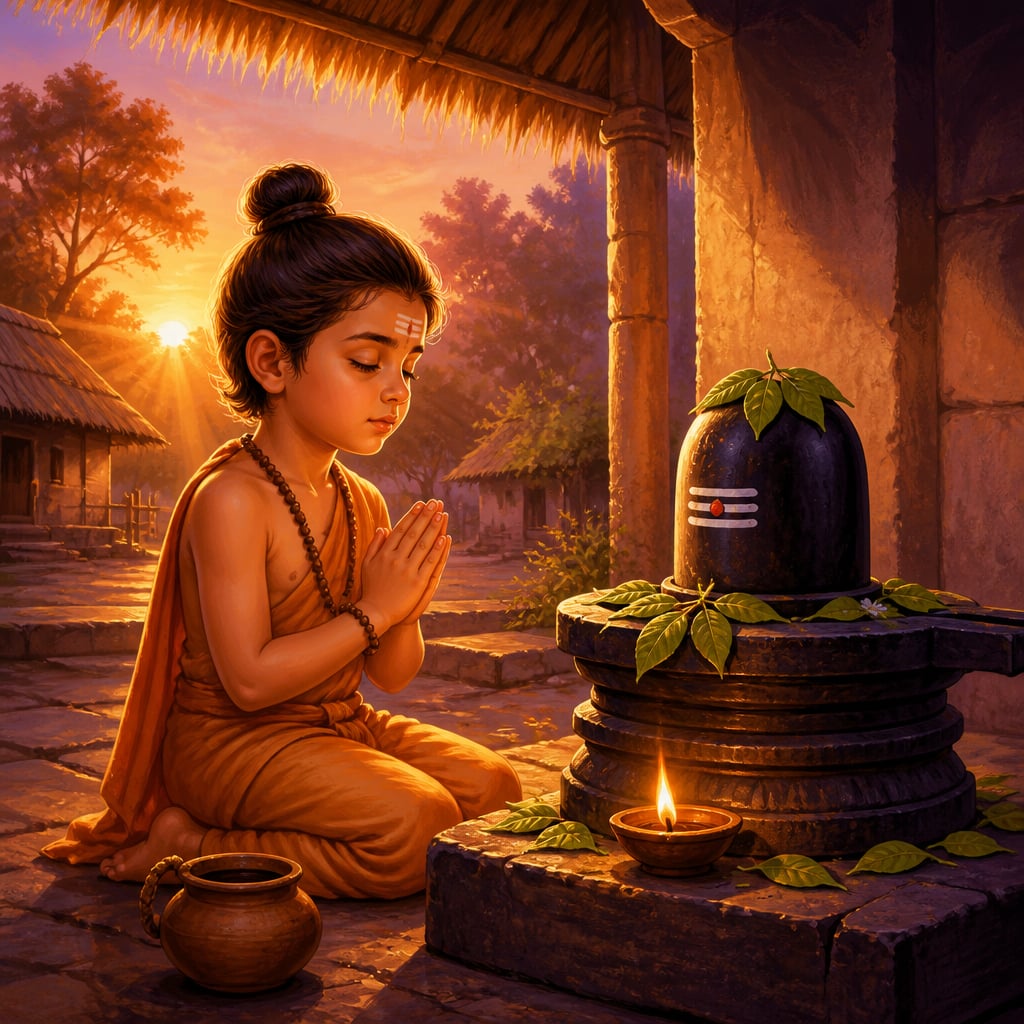 Young Markandeya kneeling at a small Shivalinga at dawn, chanting