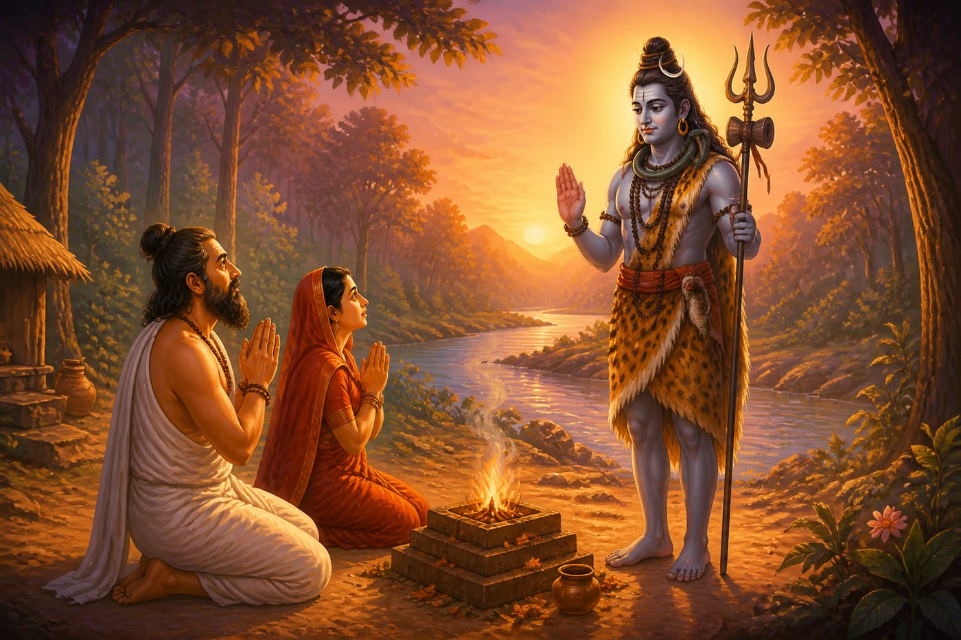 Mrikandu and Marudvati receiving Shiva's offer