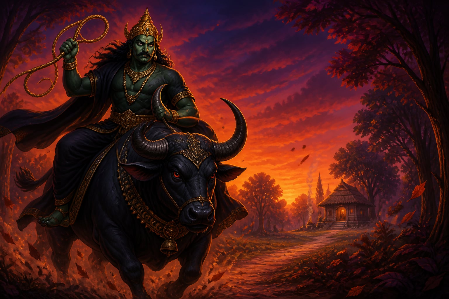 Yama riding his black buffalo with the noose