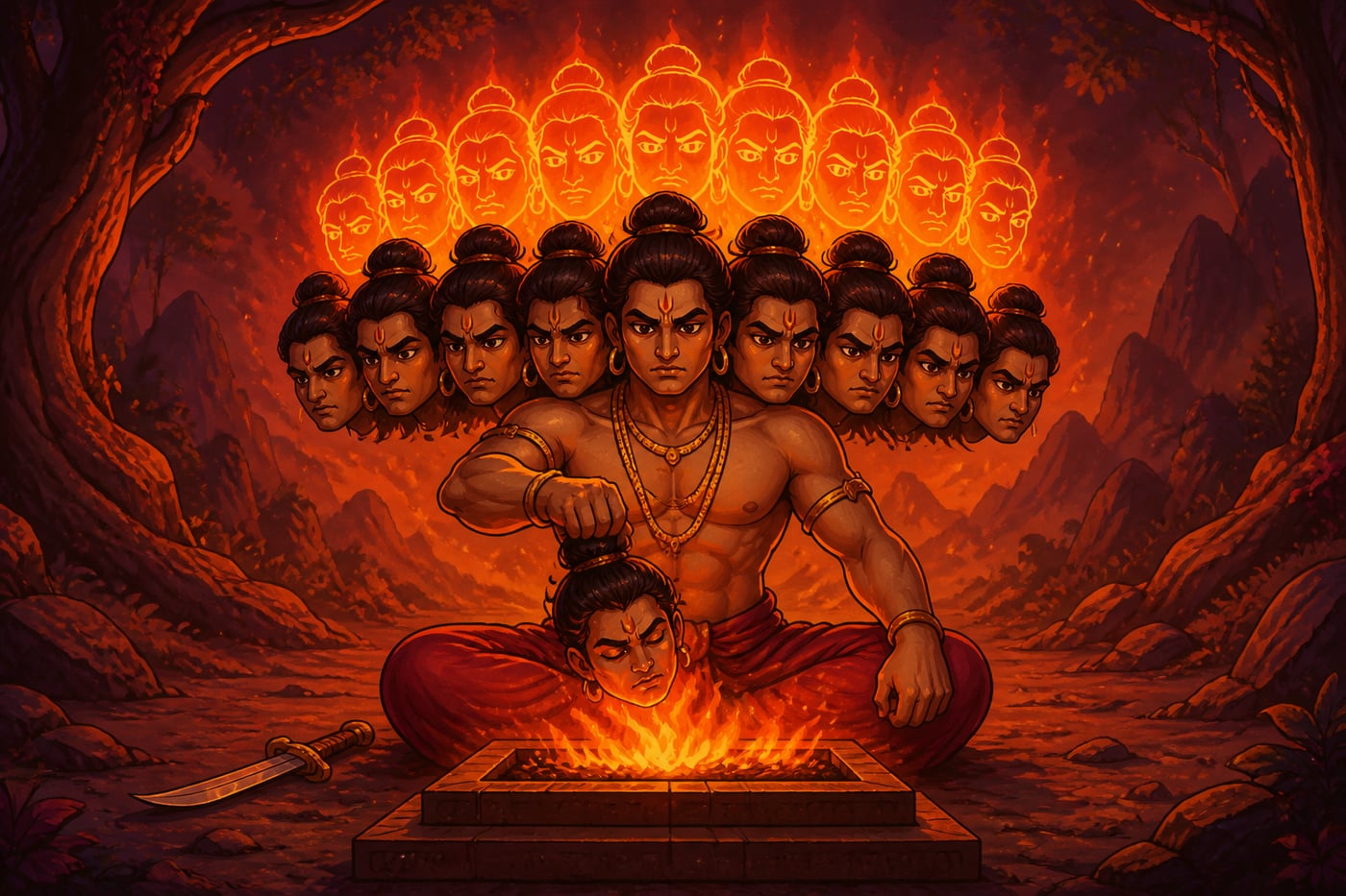 Young Ravana offering his heads into the fire