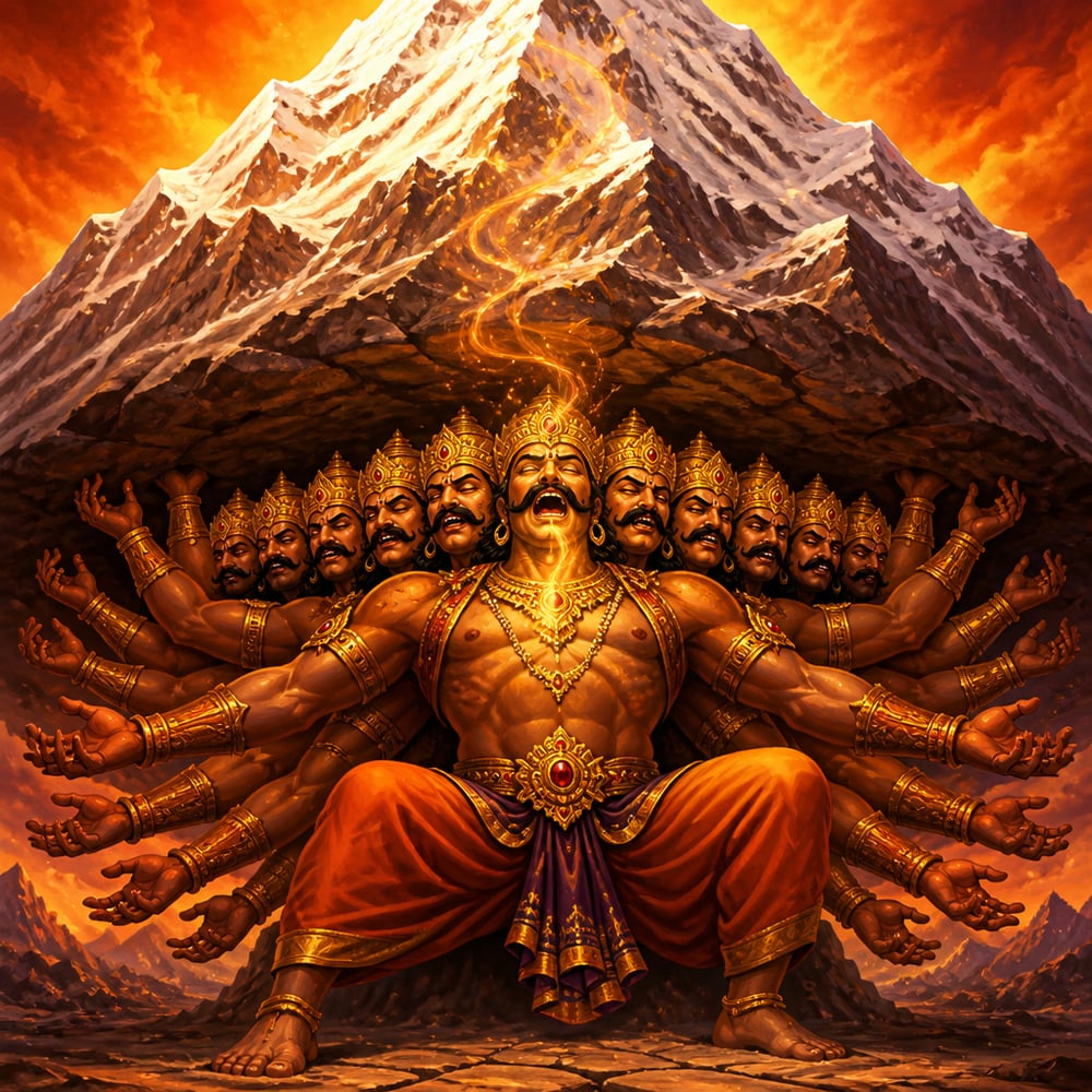 Ravana pinned beneath Mount Kailasa composing the Tandava Stotram