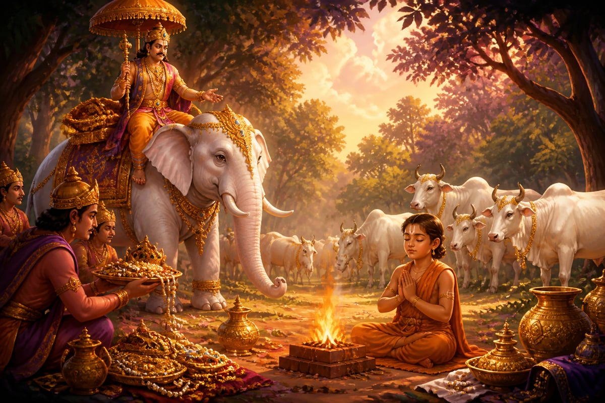 Indra on Airavata testing the boy with gifts