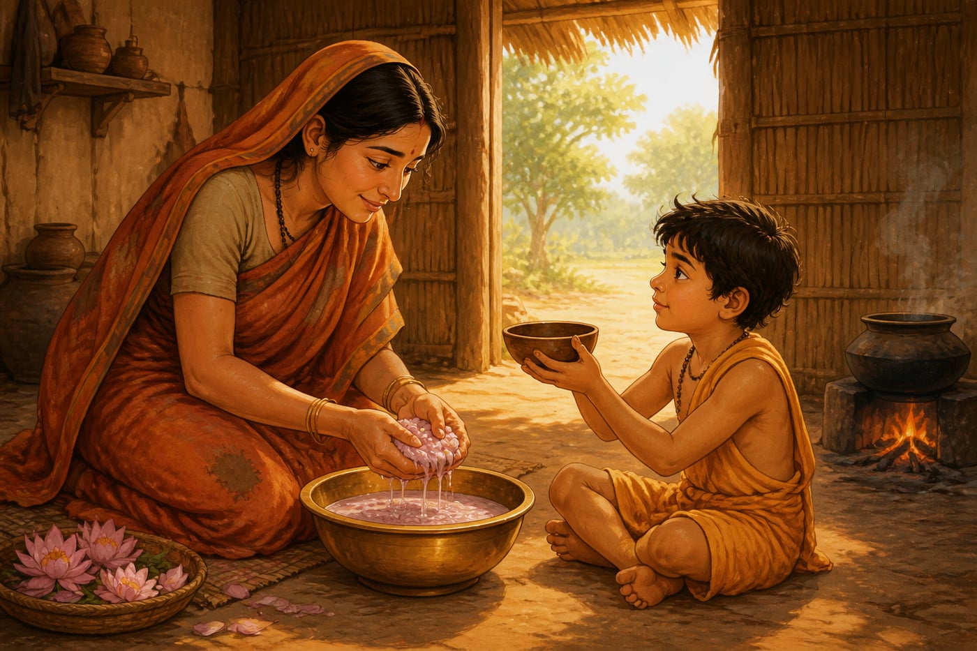 Upamanyu's mother kneading lotus-petal milk