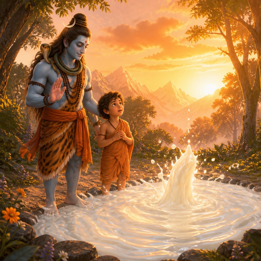 Shiva blessing the boy Upamanyu as an ocean of milk wells up
