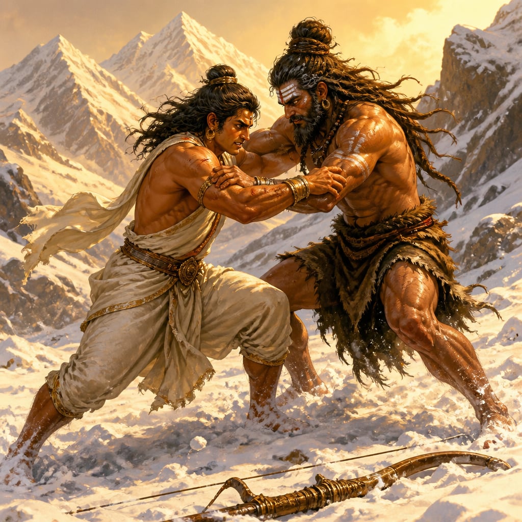 Arjuna wrestling the Kirata hunter form of Shiva in the snow