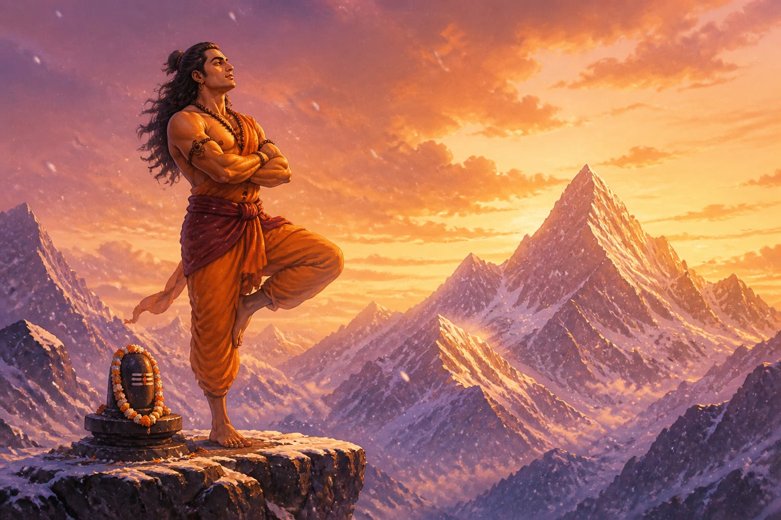 Arjuna in tapas on one foot at Indrakila