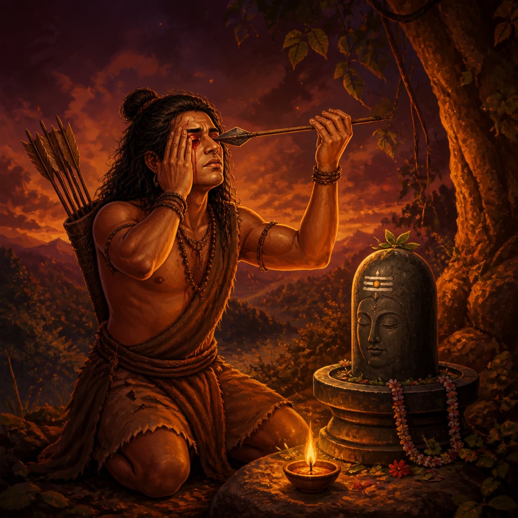 Kannappa holding a hunter's arrow steady toward his second eye