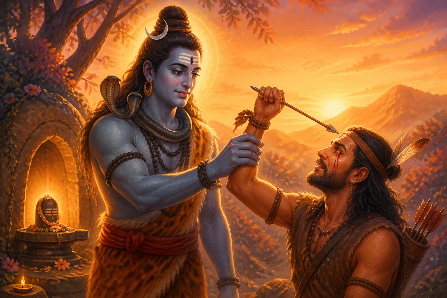 Shiva staying Kannappa's hand from his second eye