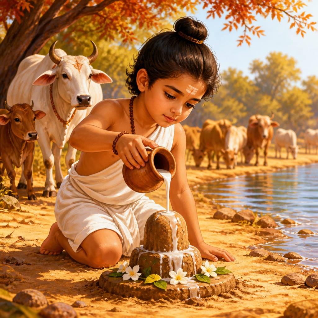 The boy Vichara Sarma pouring milk over a small sand linga