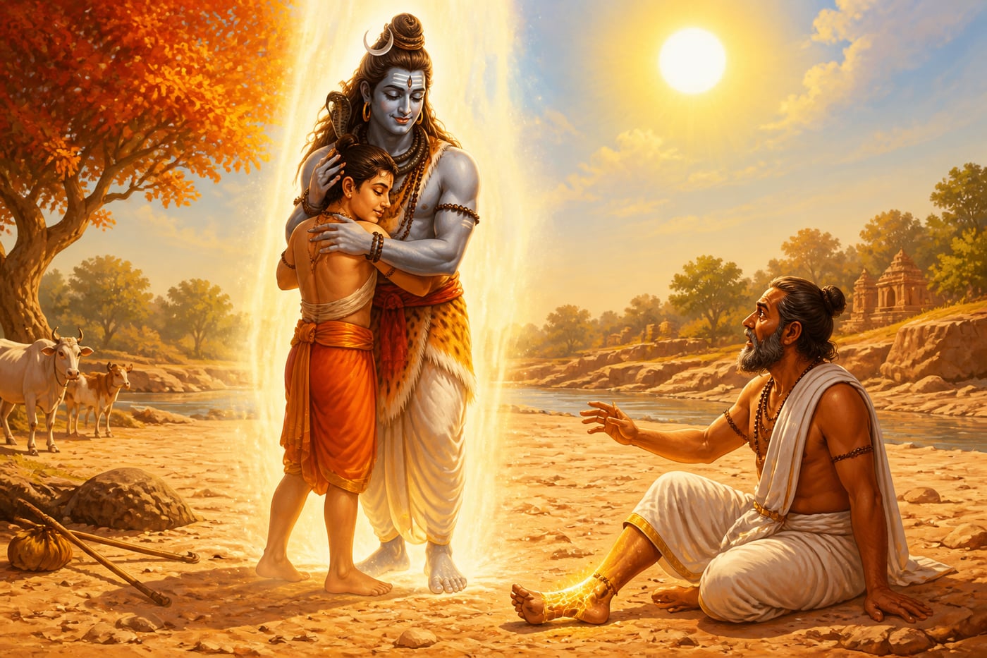 Shiva emerging from the broken linga to embrace the boy