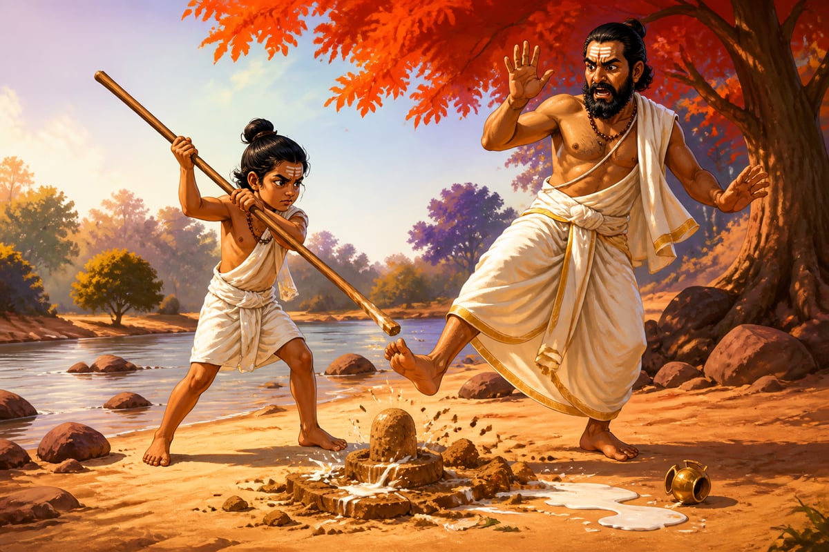 The boy raising his staff toward his father's foot