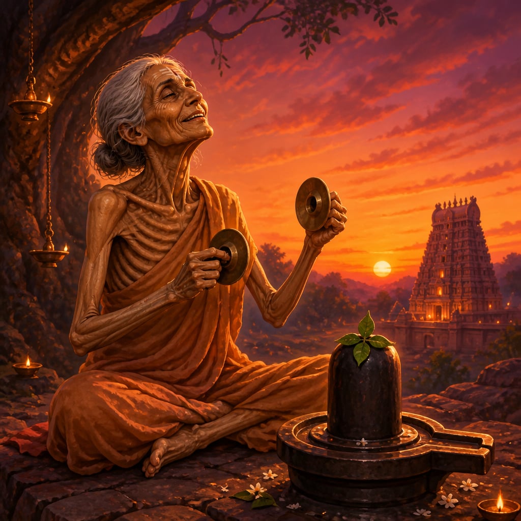 Karaikkal Ammaiyar singing to Shiva with bronze cymbals at twilight