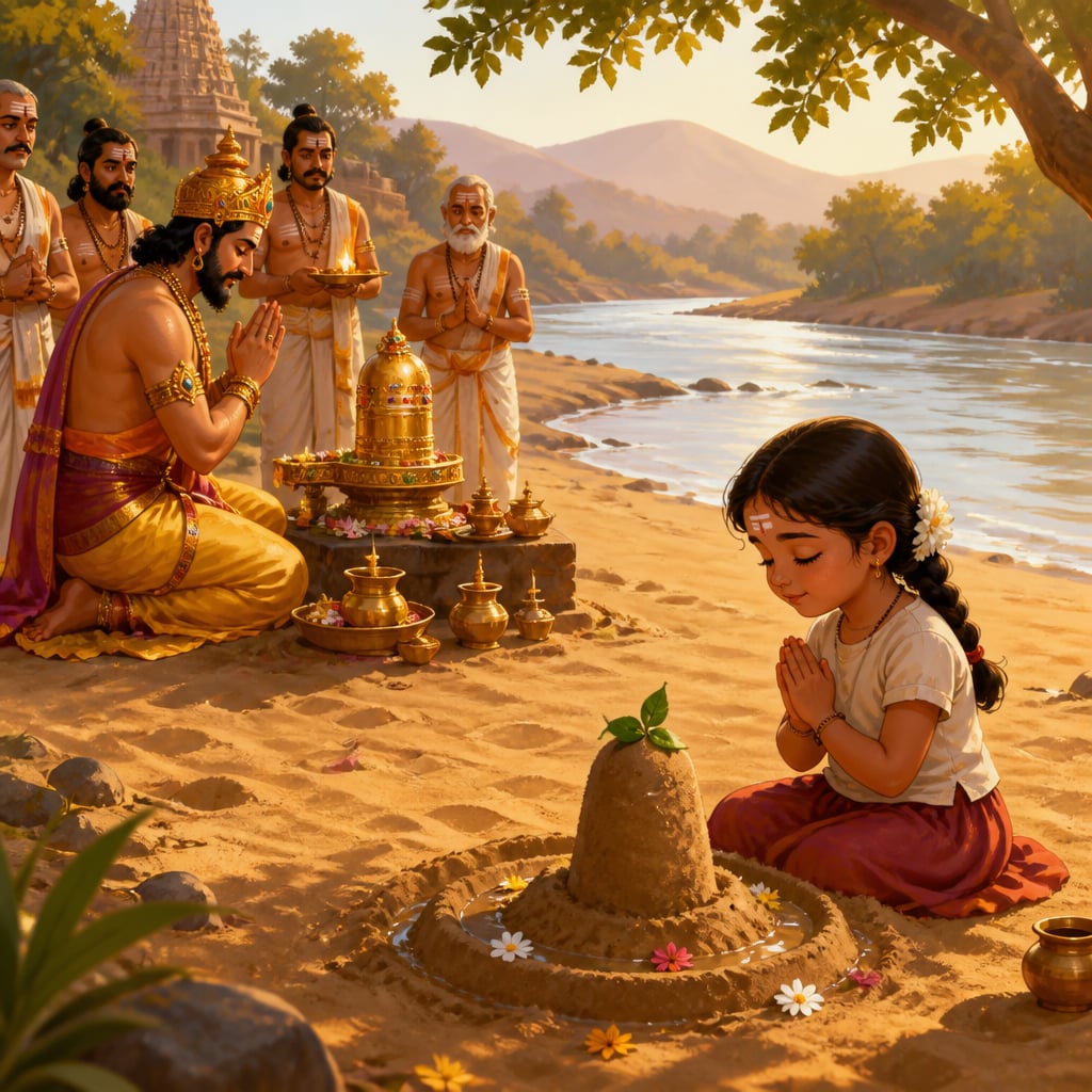 A Shaiva king and a small girl worshipping side by side on a riverbank