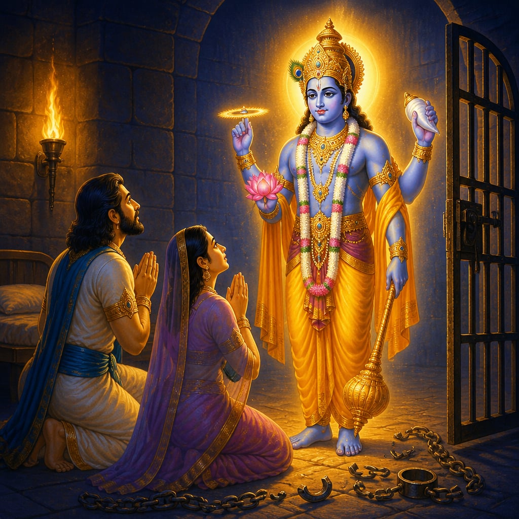 Vasudeva and Devaki bowing before the four-armed form of Vishnu inside the Mathura prison cell.