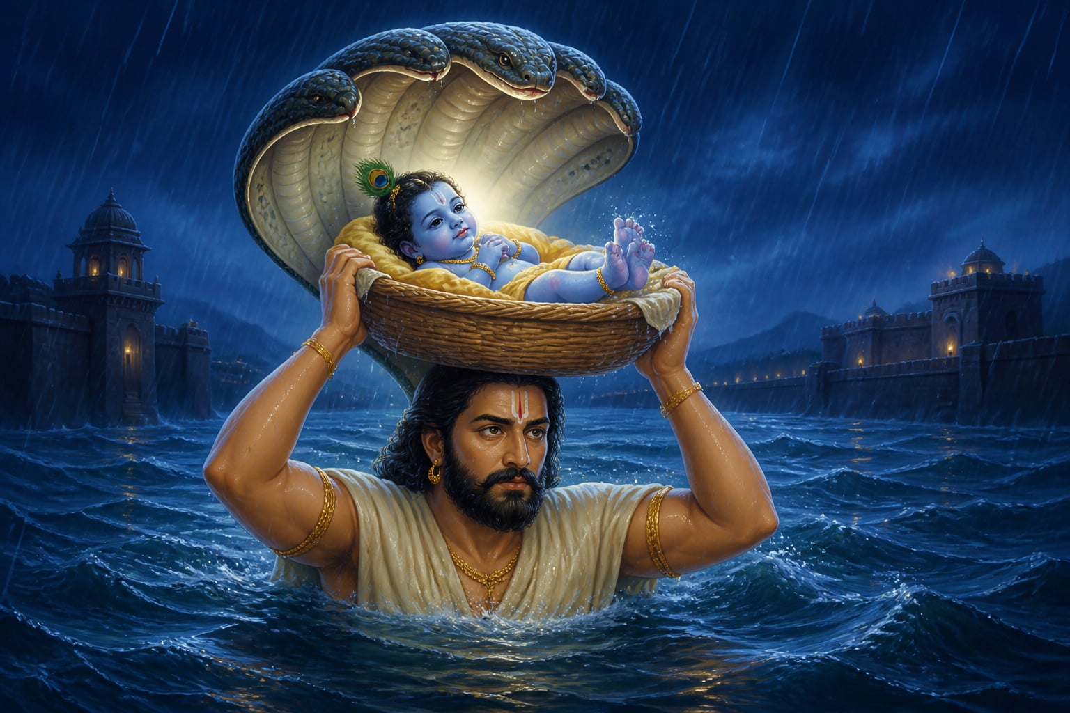 Vasudeva carries baby Krishna across the Yamuna under Shesha's hood