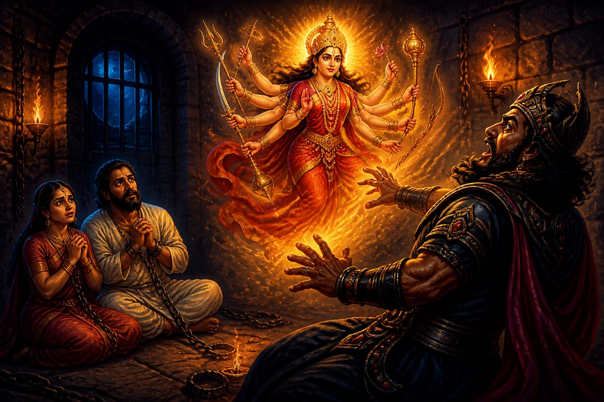 Yogamaya rises from Kamsa's hand and rebukes him