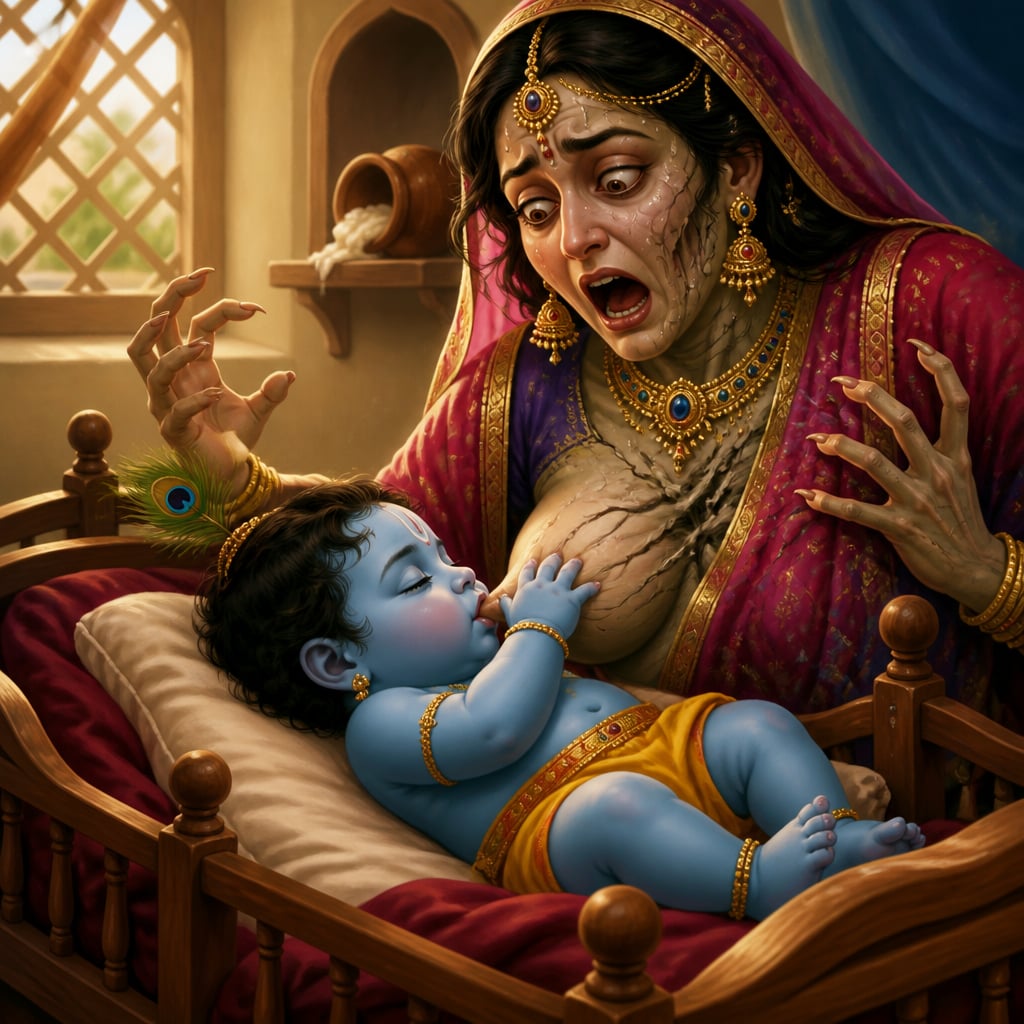 Baby Krishna calmly suckling as the disguised demoness Putana begins to falter beside His cradle.