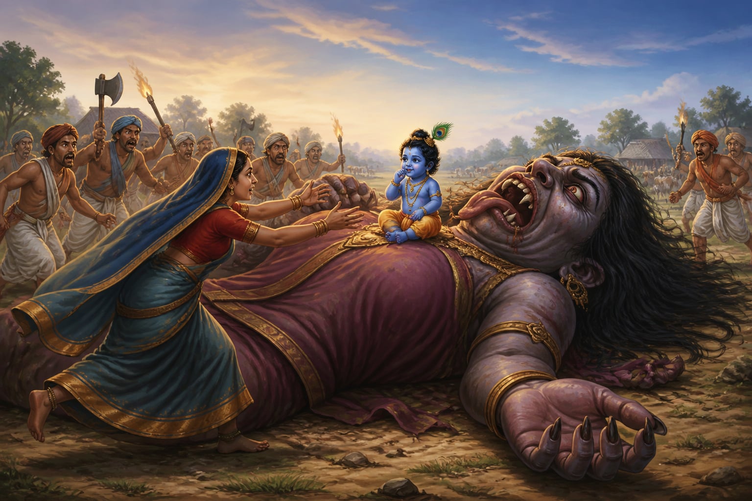 Cowherds rush at Putana's giant corpse with baby Krishna on her chest