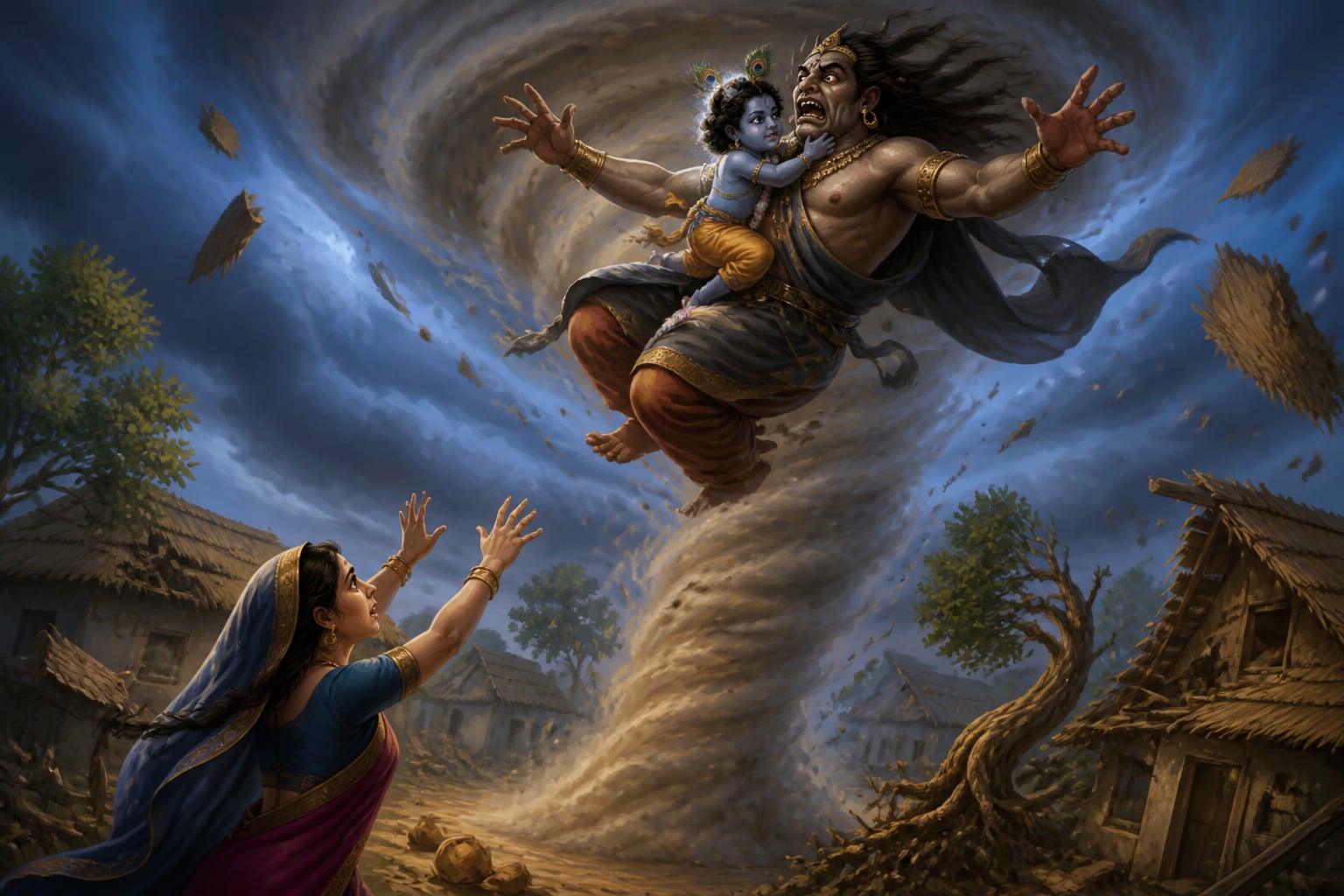 Trinavarta whirlwind carries baby Krishna into the sky