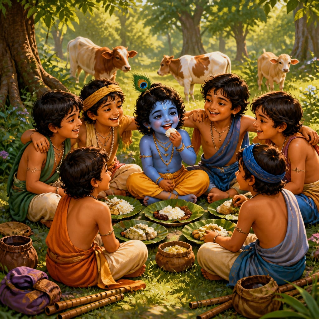 Cowherd boys seated in a forest circle sharing their midday meal with small Krishna at the centre.
