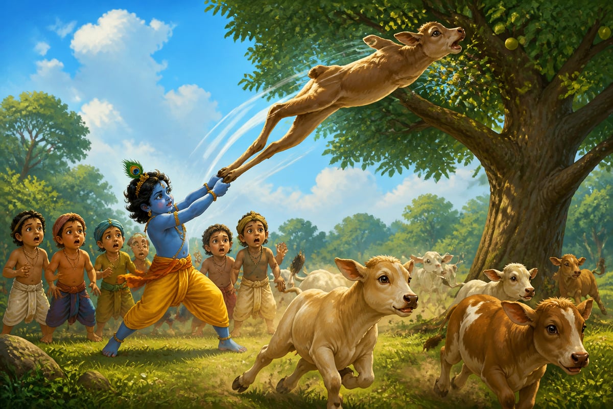 Krishna hurls Vatsasura the calf-demon into a kapittha tree