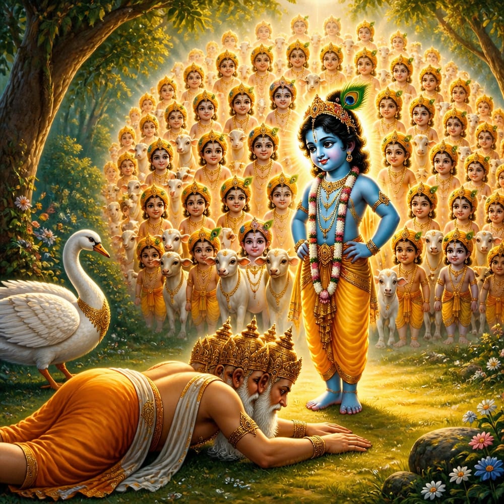 Lord Brahma dismounting his swan and prostrating before the small standing figure of Krishna.