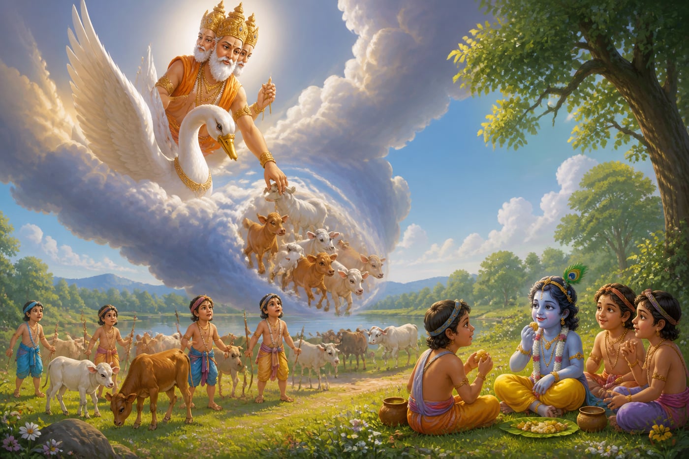 Brahma descends on his swan to steal the calves