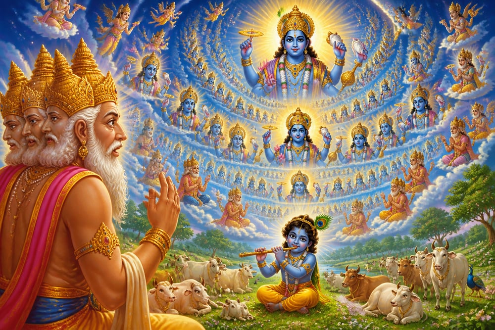 Infinite Vishnu forms emanate from Krishna before Brahma