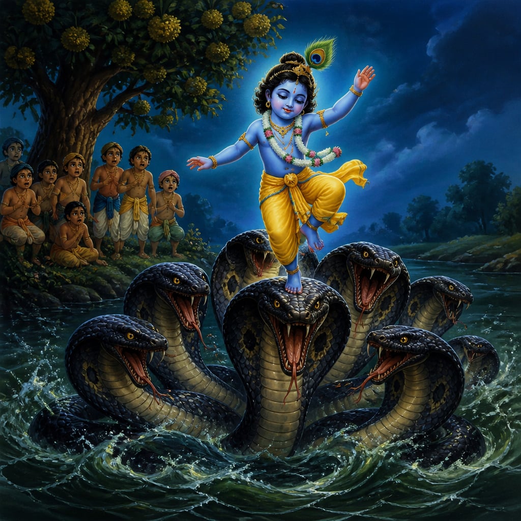 Small Krishna dancing in graceful midstep upon the multiple hooded heads of the great serpent Kaliya.