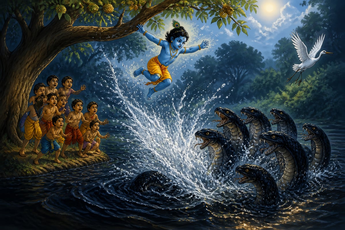 Krishna leaps from a kadamba tree into the poisoned lake