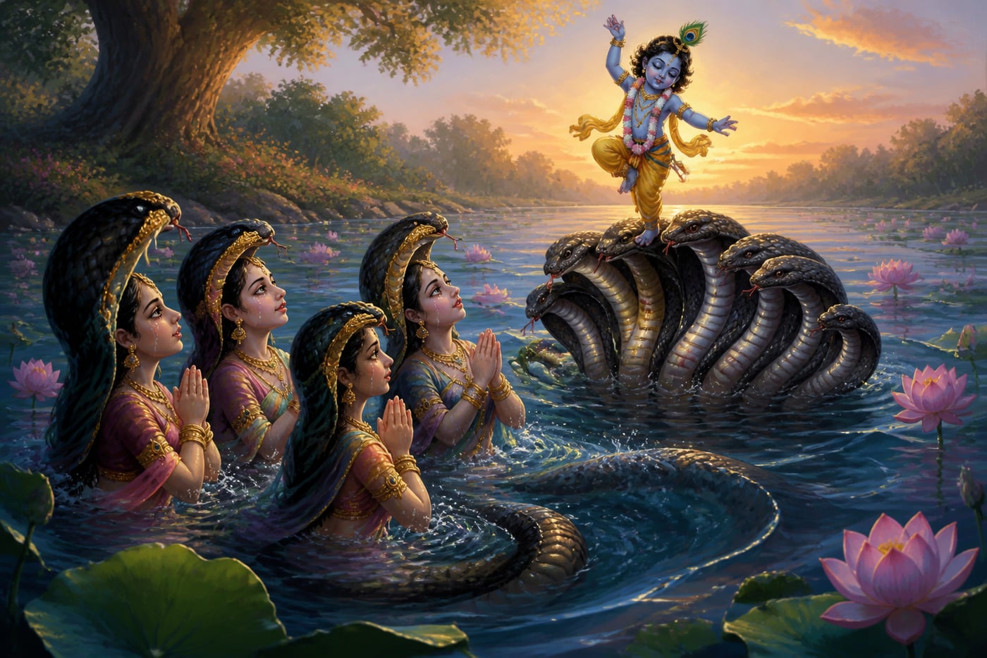 The naga-patnis emerge from the Yamuna to plead with Krishna
