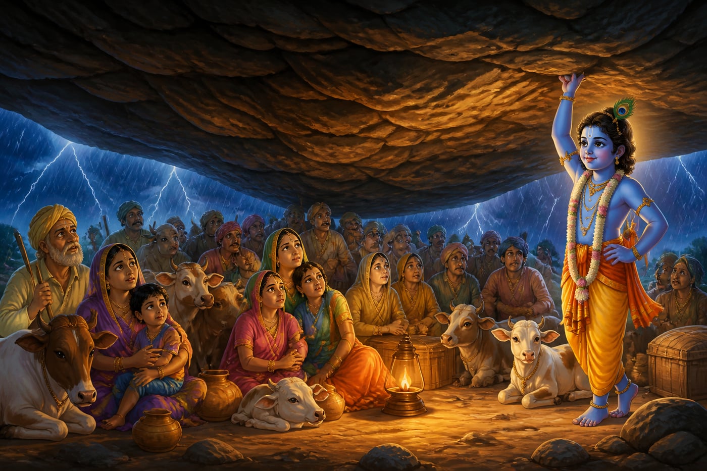 Vrajavasis shelter beneath Govardhan held on Krishna's finger