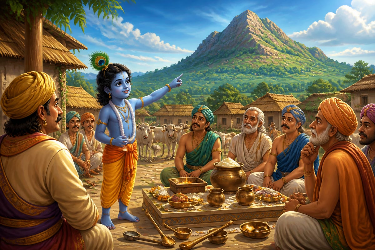 Krishna challenges the Indra-yajna preparation before Nanda