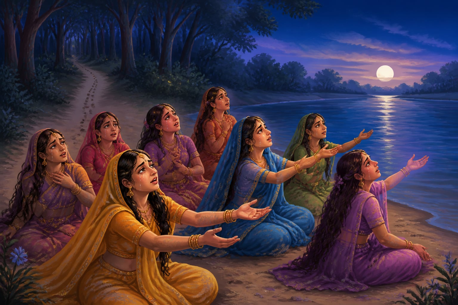 Gopis sing the Gopi Gita at the Yamuna's bank after Krishna vanishes