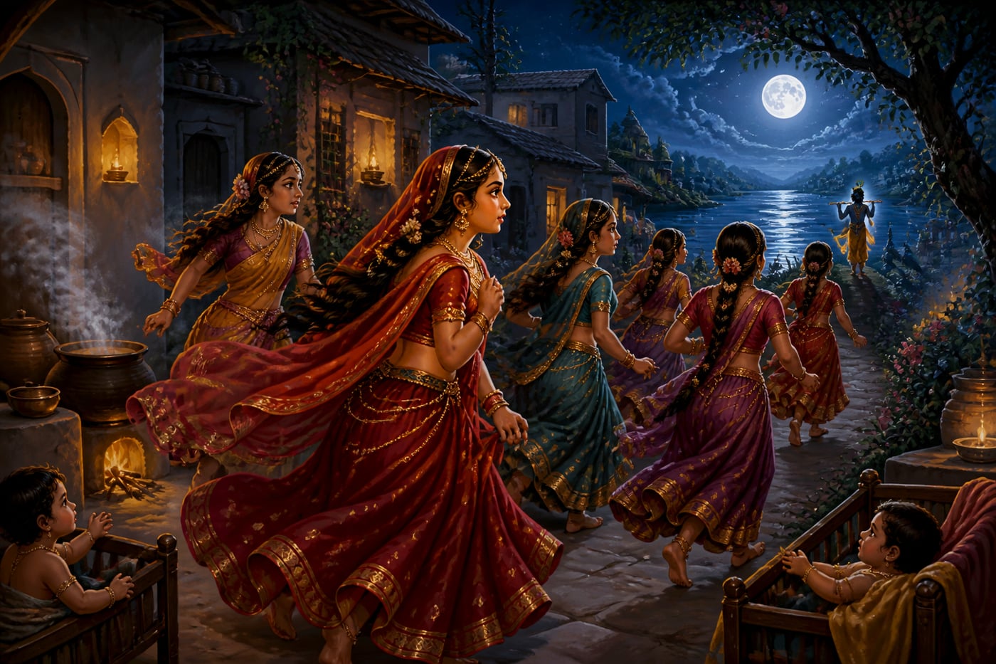 Gopis abandon their homes at moonrise drawn by Krishna's flute