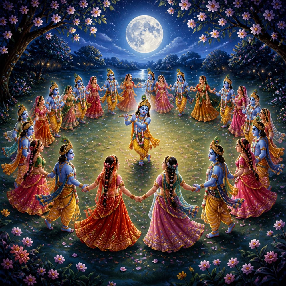 Gopis in jeweled saris forming the great Rasa-mandala circle dance on a moonlit Vrindavan glade.