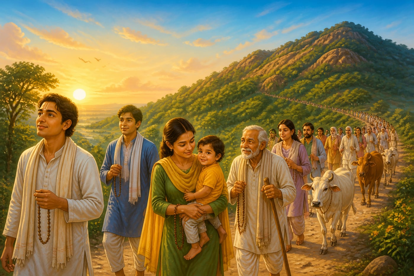 Modern pilgrims walking the Govardhan Parikrama at dawn