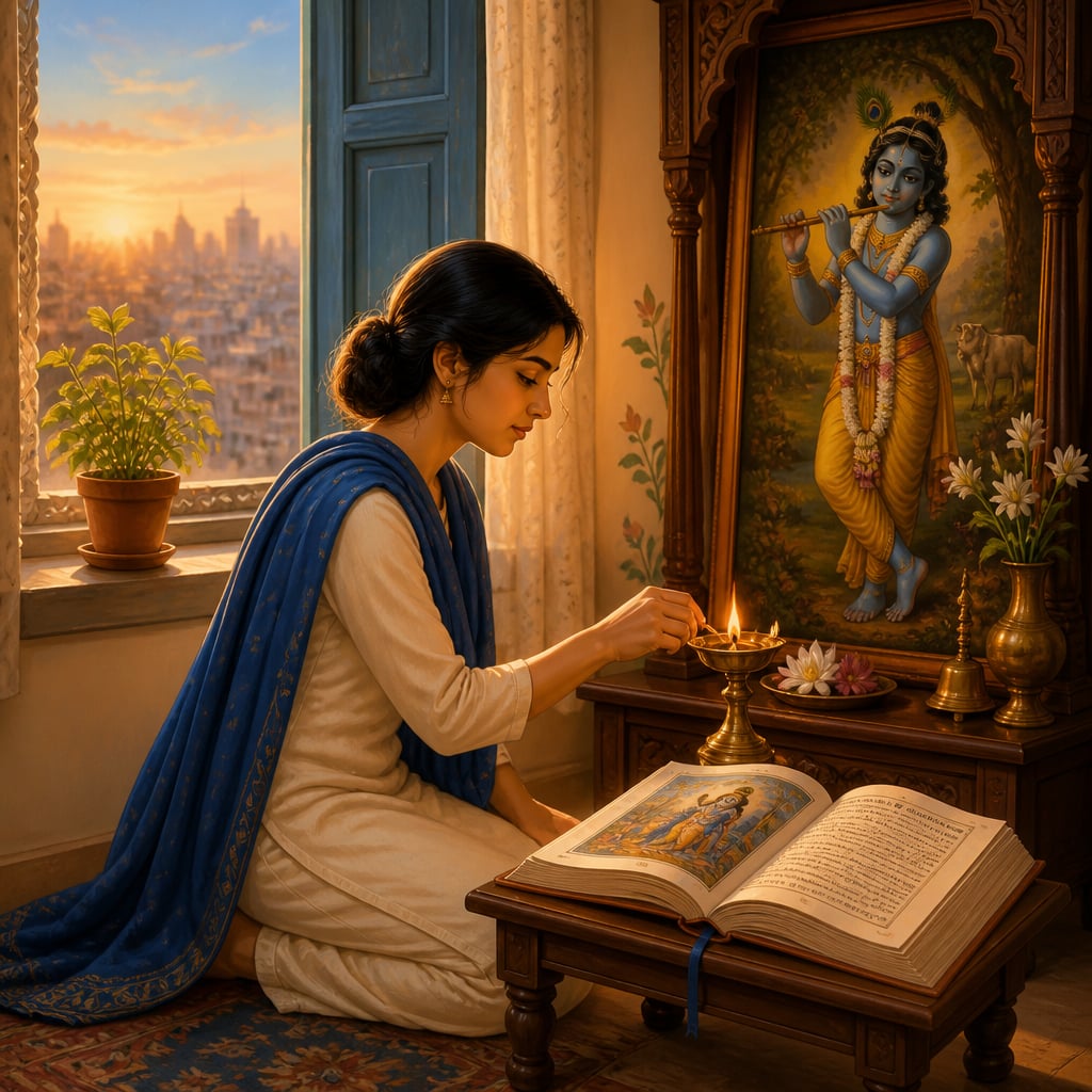 A young woman kneeling at a small home shrine at dawn, lighting a brass lamp before a Krishna icon.