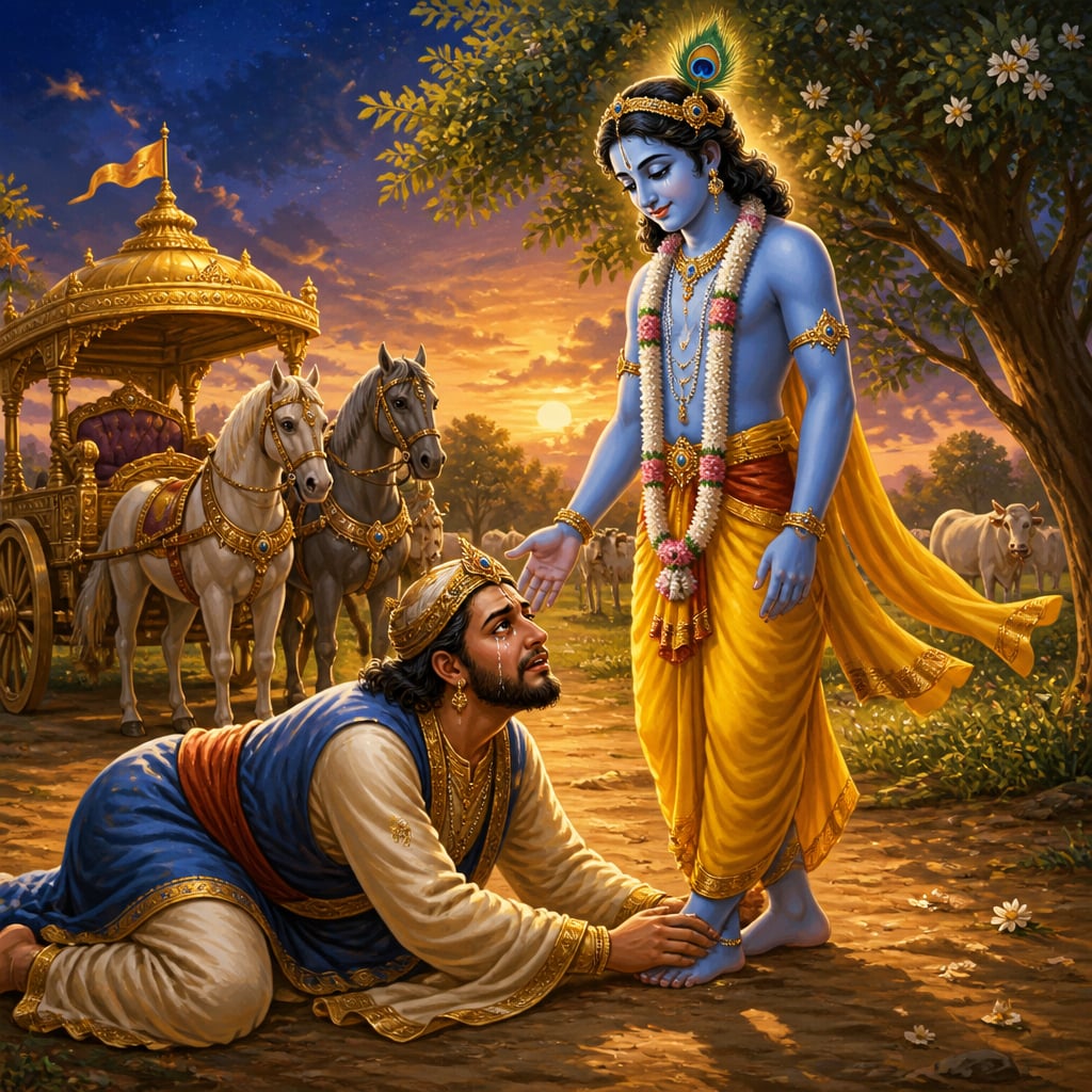 Akrura collapsed at Krishna's feet on the dusty Vrindavan path, weeping with joy.