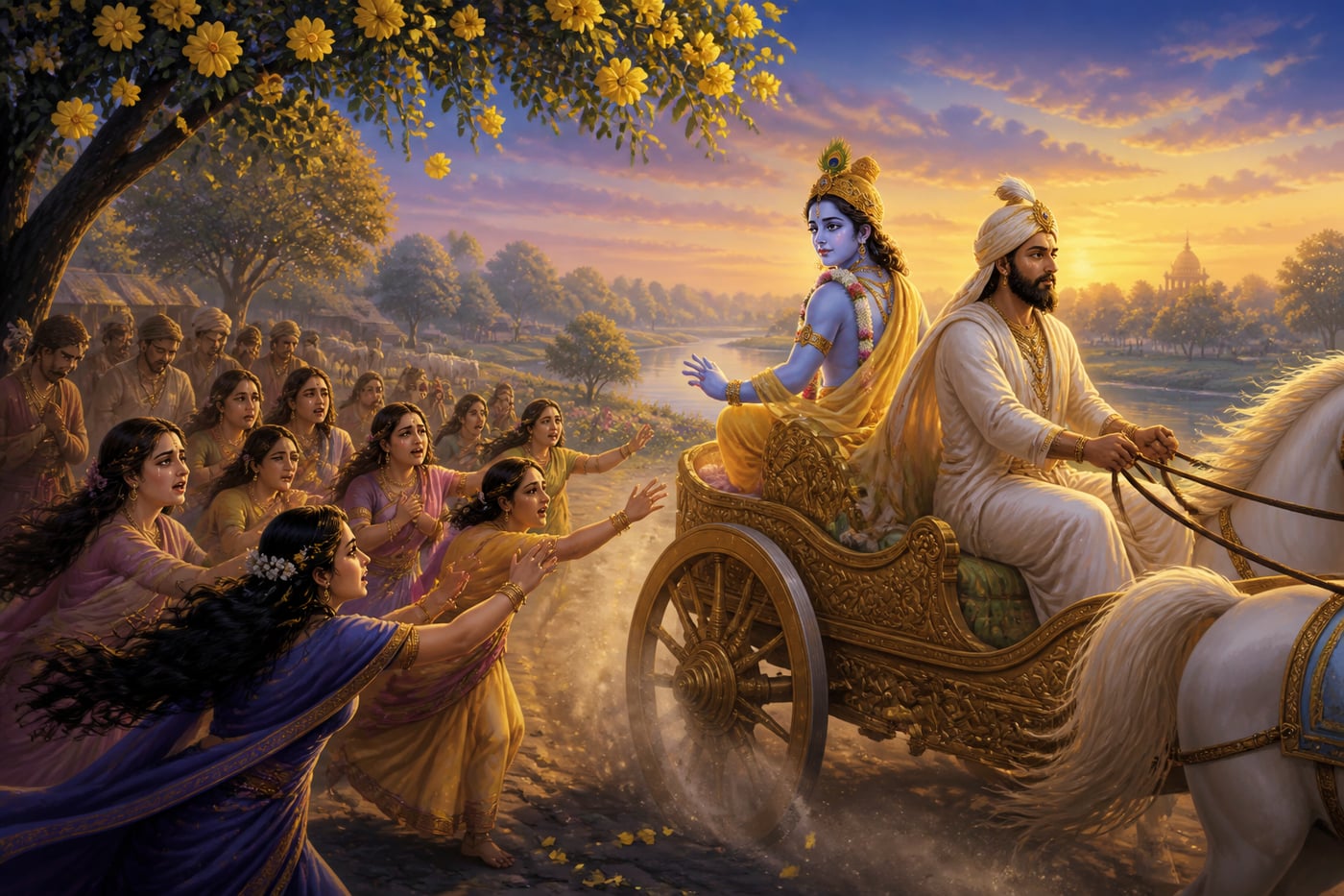 Krishna's chariot leaving Vrindavan as the Gopis weep and run behind