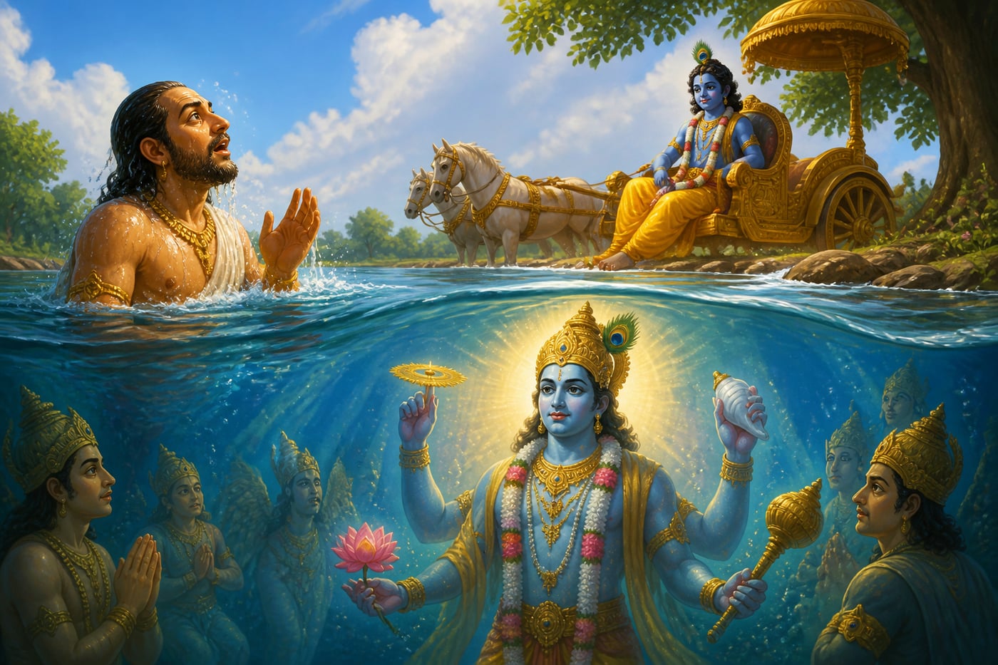 Akrura's vision of Vishnu beneath the Yamuna while Krishna sits in the chariot above
