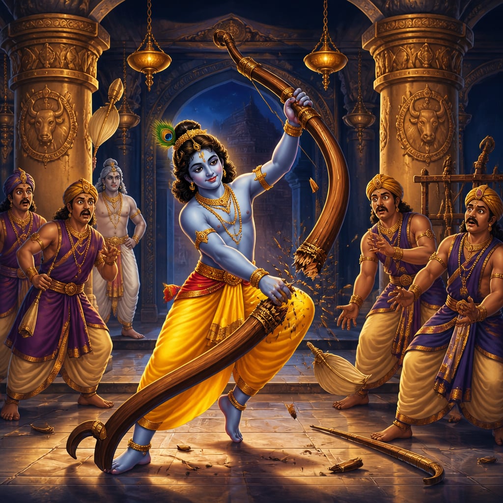 Krishna snapping Kamsa's massive ceremonial bow in two inside the Mathura pavilion.