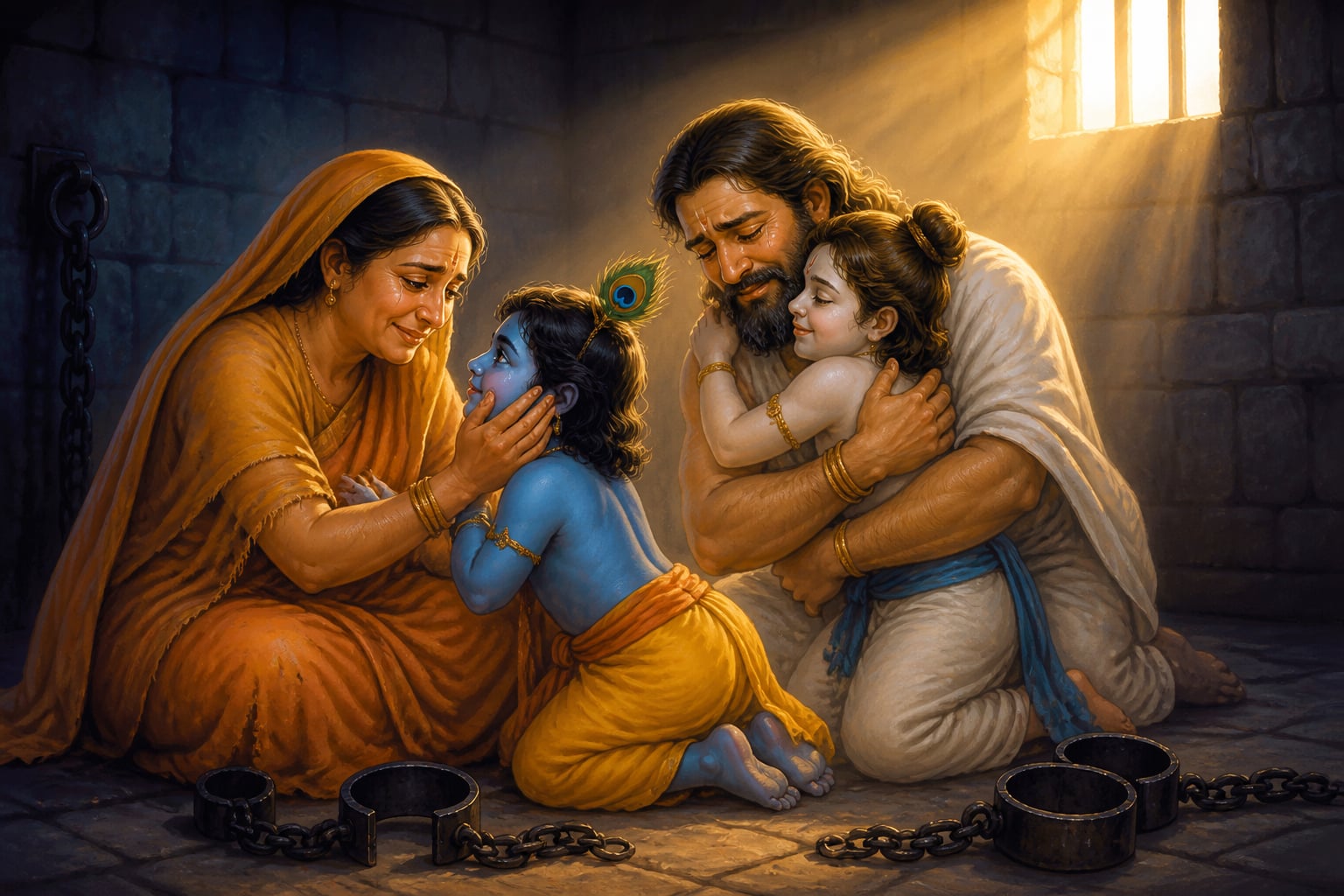 Krishna and Balarama freeing Devaki and Vasudeva from Kamsa's prison