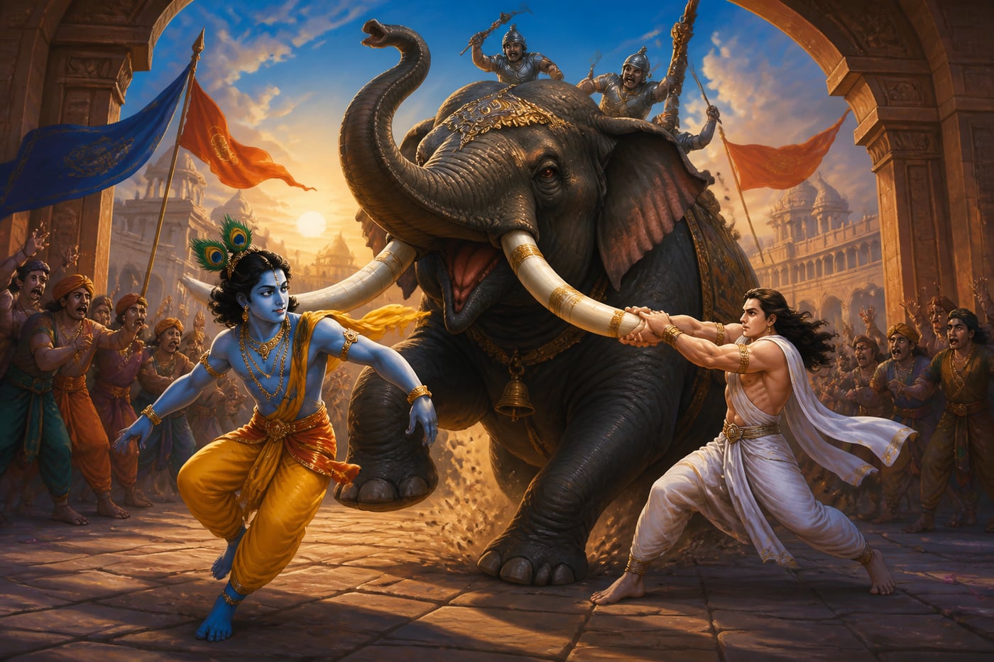 Krishna dodging the maddened war-elephant Kuvalayapida at the arena gate