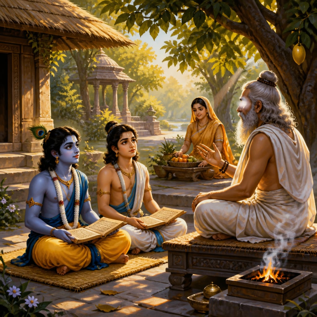 Krishna and Balarama as humble students seated with manuscripts in Sandipani Muni's ashram.