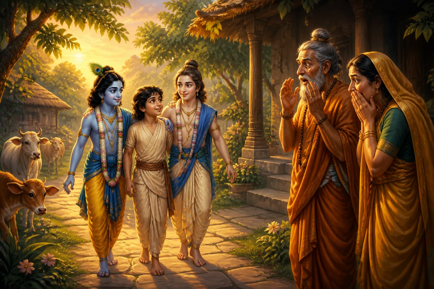 Krishna and Balarama returning the long-dead boy alive to Sandipani's ashram