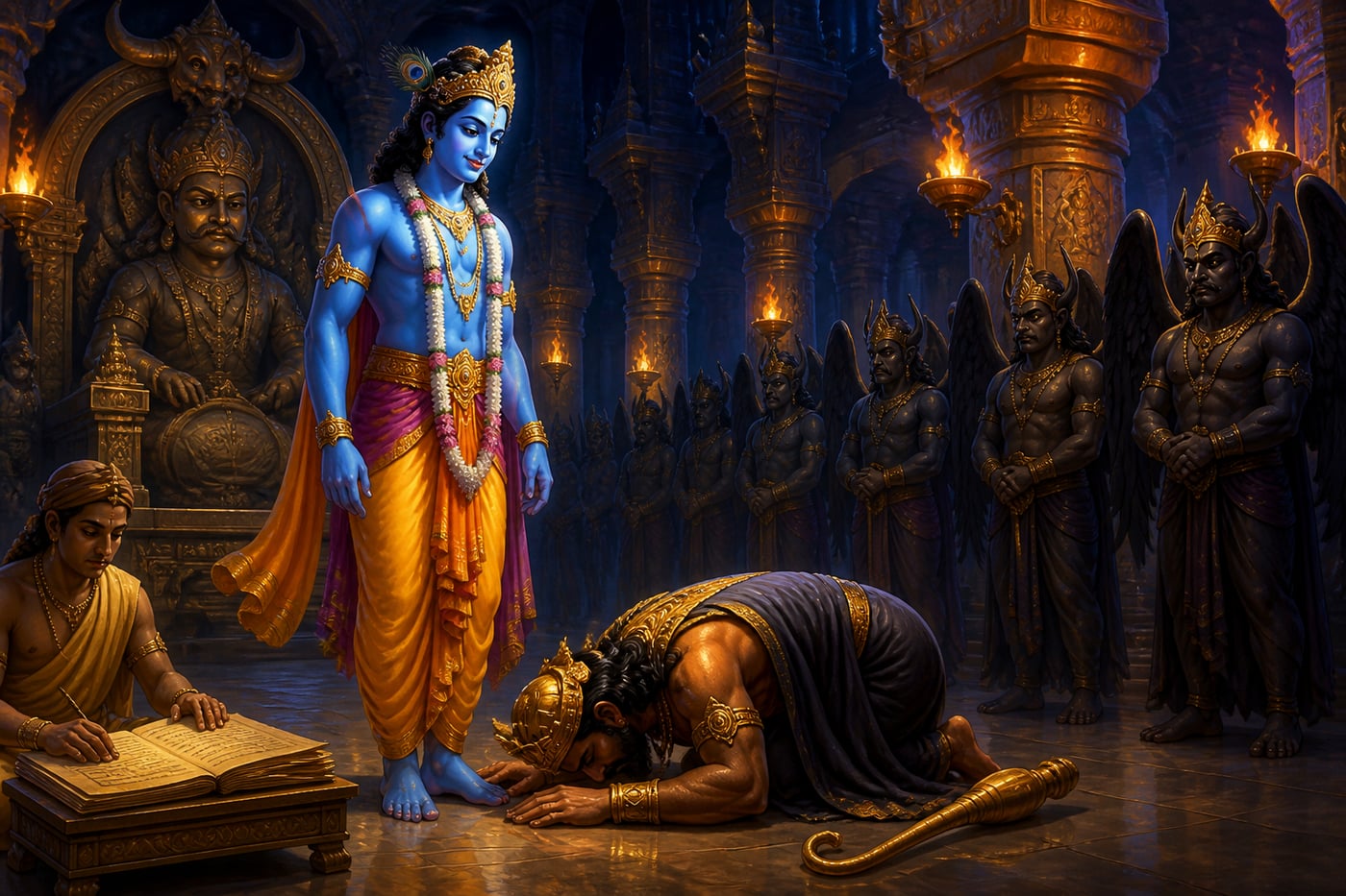 Krishna in Yamaloka with Yama prostrated at his feet to return the guru's son