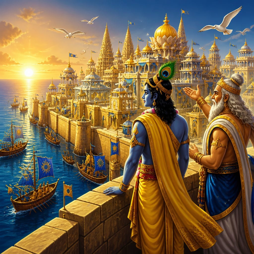 The golden city of Dwaraka rising from the western sea at sunrise.