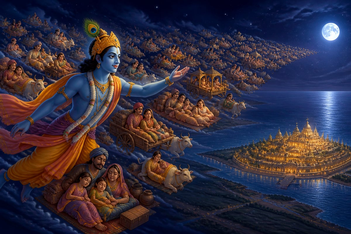 Krishna transporting the entire Yadava clan overnight from Mathura to Dwaraka